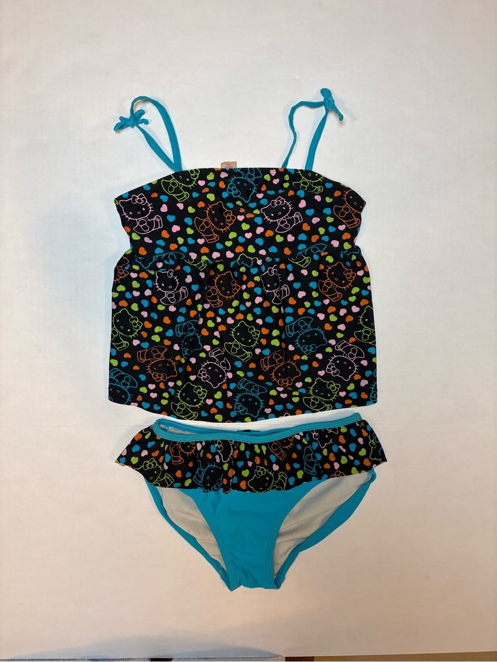 Hello Kitty Tankini Swim Set Colorful Neon Print Black Background Girls 10/12